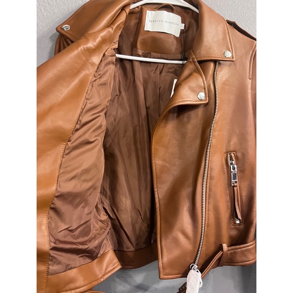 Rebecca Minkoff Cognac Brown Vegan Faux Leather Moto‎ Jacket Biker Zip Up Small - Picture 10 of 13